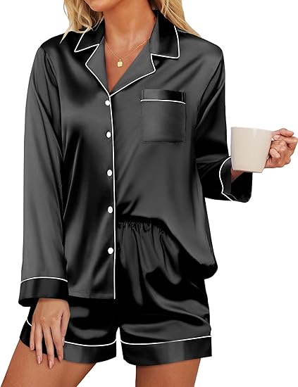 Ekouaer Satin Pajama Set for Women Button Down Pj Set Long Sleeve Top and Shorts 2 Piece Loungewear Summer Soft Sleepwear