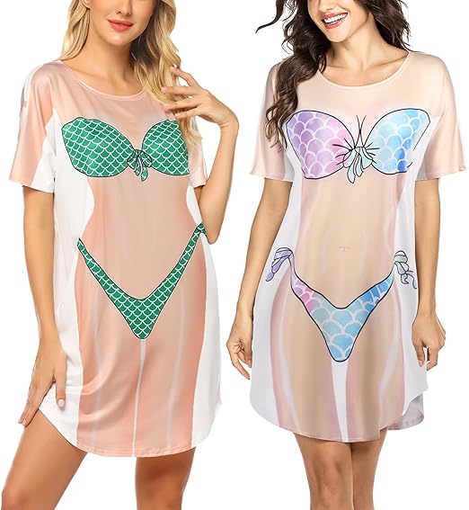 Ekouaer Womens Bikini Shirt Cover Up Short Sleeve Funny Bikini Print Cover-Up 2 Pack Cute Baggy Shirt Dress