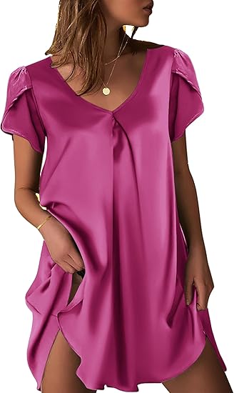 Ekouaer Women's Satin Nightgown Short Sleeve Sleepdress V-Neck Sleepwear Loose Silk Sleepshirt