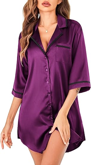 Ekouaer Women's Satin Nightshirt Button Down Nightgown 3/4 Sleeve Sleeptshirt with Pockets V Neck Boyfriend Sleepwear