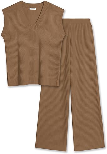 Ekouaer Lounge Sets for Women 2 Piece Outfits Knit Sweater Vest Lounge Pants Casual Matching Loungewear Set