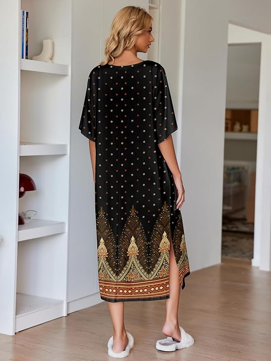 Ekouaer Women's Nightgown Short Sleeve Sleepshirt Long Loungewear Casual Maxi Lounge Dress House Dresses with Pockets