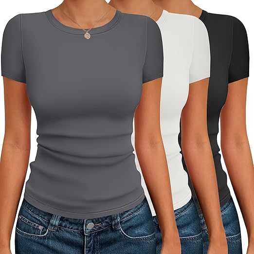 Ekouaer Womens Short Sleeve Shirts 3 Pack Crew Neck Tops Slim Fit Basic Tees Trendy Clothes Base Layer