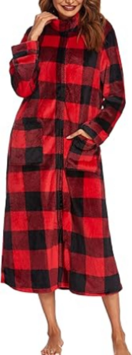 Ekouaer Women Zipper Robe Fleece Long Sleeves Bathrobe Sleepwear Warm Soft Housecoat with Pockets Zip Up House Dresses