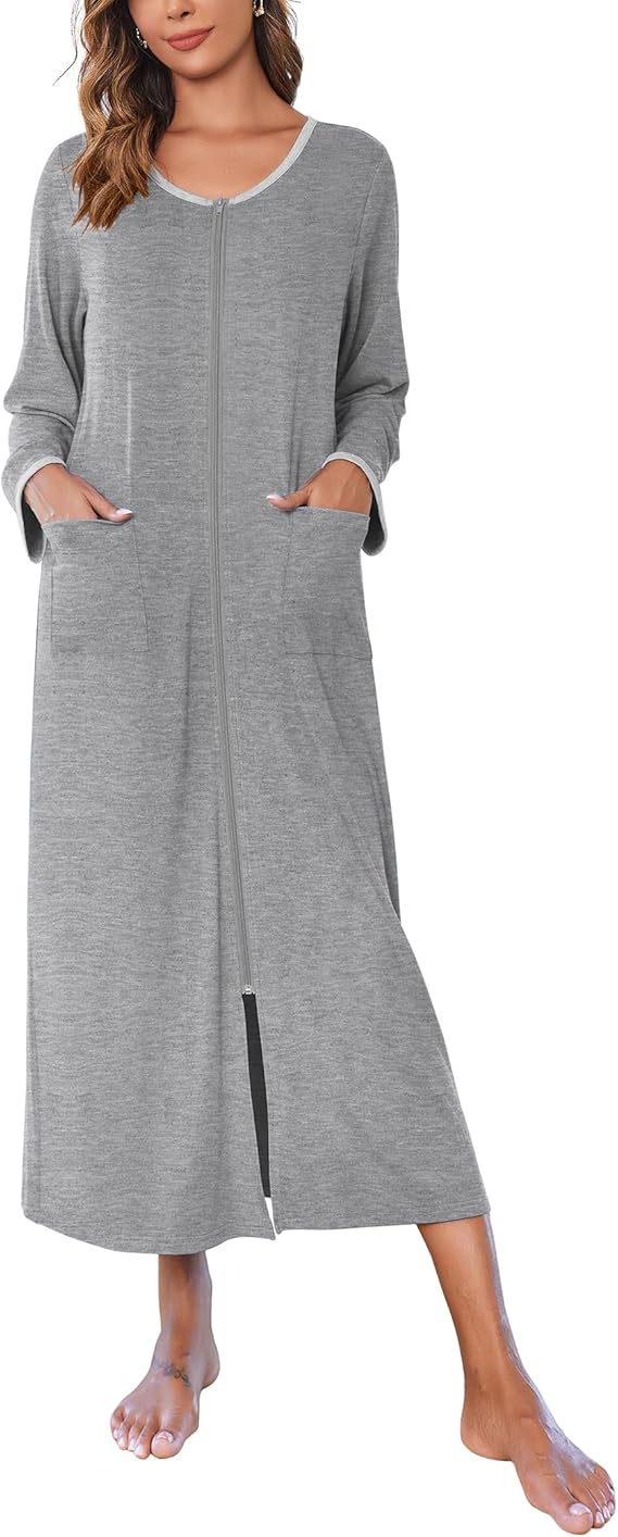 Ekouaer Women Long House Coat Zipper Front Robes Full Length Nightgowns with Pockets Striped Loungewear