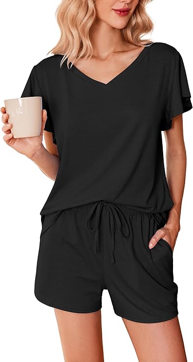 Ekouaer Women's Pajamas Set Ruffle Sleeves Sleepwear V Neck Comfy 2 Piece Pjs Loungewear Set with Pockets