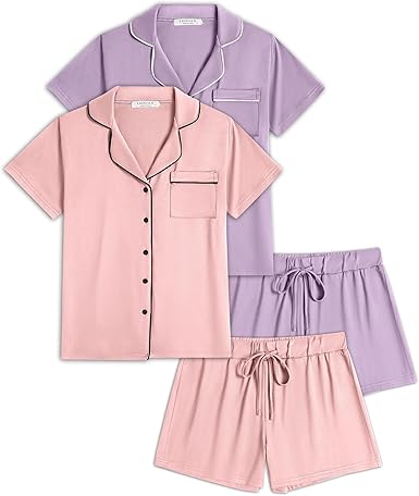 Ekouaer 2 Pack Womens Pajamas Set Button Down Summer Sleepwear Short Sleeve Comfy Pjs Loungewear Set
