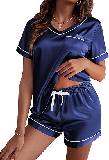 Ekouaer Silk Pajama for Women Short Sleeve Satin Pj Set Two Piece Soft Sleepwear Loungewear