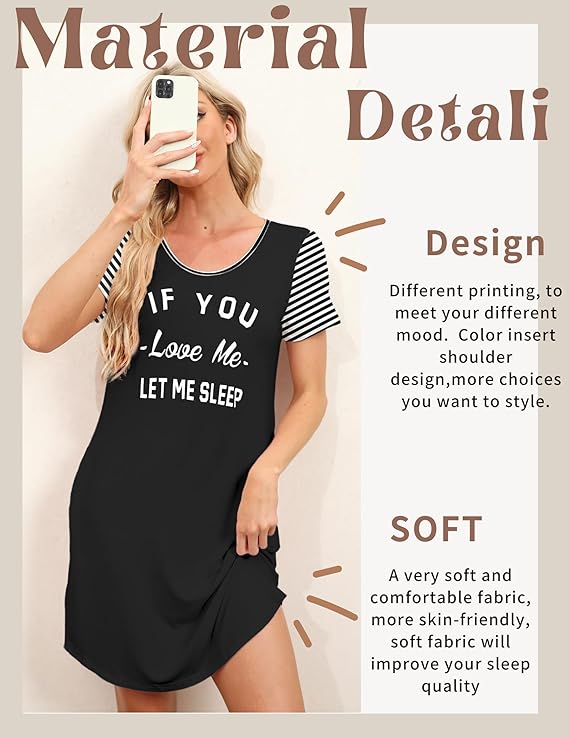 Ekouaer Nightgowns for Women Soft Sleep Shirts with Pockets Short Sleeves Printed Crewneck Nightshirt