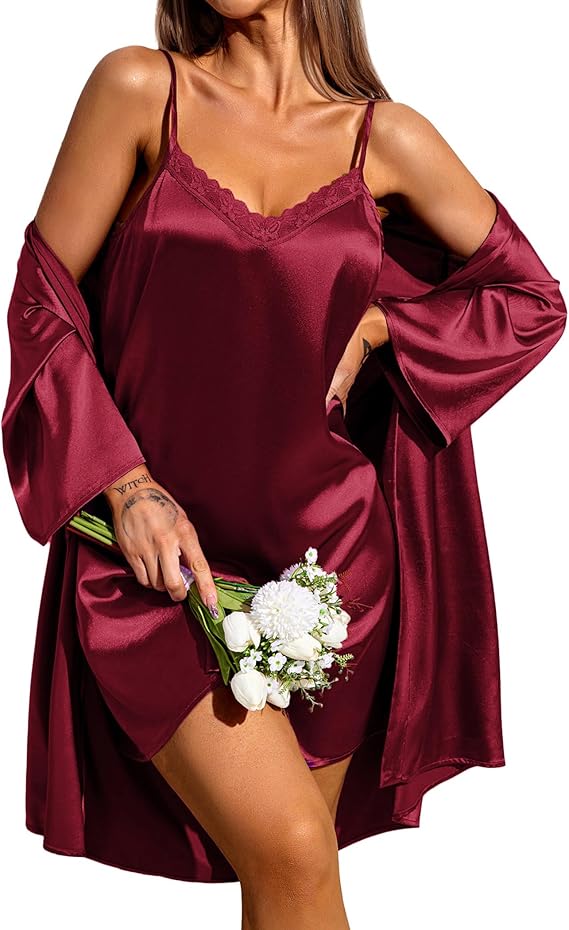 Ekouaer Women's Satin Robe Set Lace Lingerie Robe Wedding Nightgown 2pcs Cami Bride Party Silk Pajamas Set