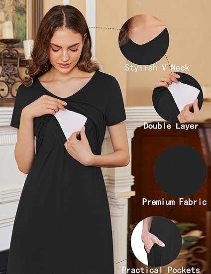 Ekouaer Women's Nursing Dress Summer V Neck Short Sleeve Maternity Split Long Dresses for Breastfeeding with Pockets