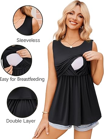 Ekouaer Women's Maternity Nursing Tank Tops Sleeveless Scoop Neck Breastfeeding Shirt 3 Pack Double Layer Pregnancy Clothes