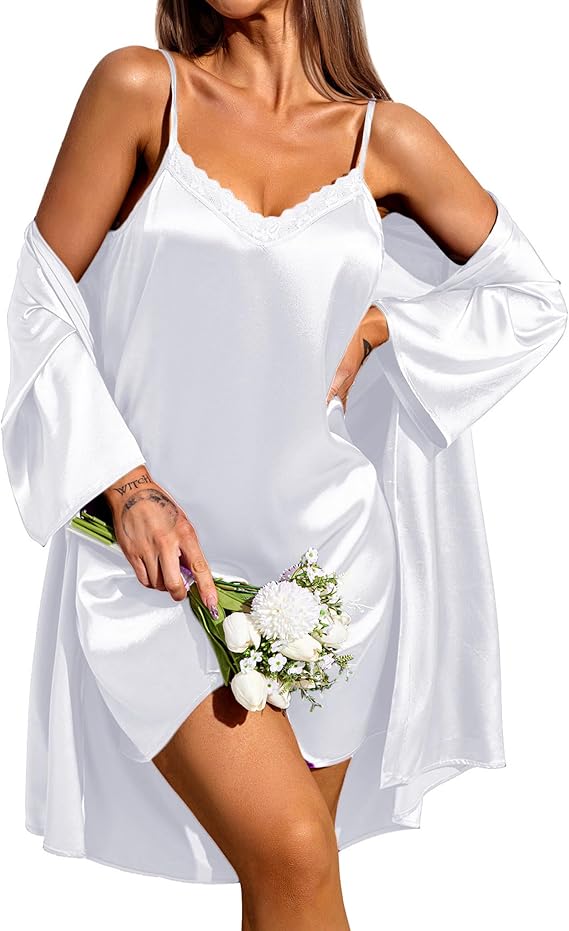 Ekouaer Women's Satin Robe Set Lace Lingerie Robe Wedding Nightgown 2pcs Cami Bride Party Silk Pajamas Set
