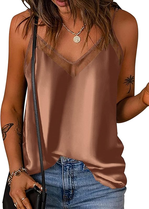 Ekouaer Women??£¤s Silk Satin Camisole, Mesh V?Neck Sleeveless Top, Soft Lightweight, Casual Wear