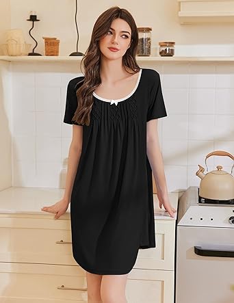 Ekouaer Nightgowns for Women Pleated Sleep Shirts Short Sleeve Night Shirts Lace Trim Night Gown Ladies Sleep Dress