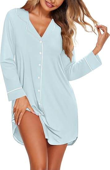 Ekouaer Women's Nightgown Long Sleeve Nightshirt Button Down Sleepshirt Boyfriend Sleepwear Pajama Dress