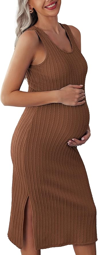 Ekouaer Women's Maternity Dress Rib Knit Sleeveless Tank Side Slit Bodycon Dresses Pregnancy Clothes