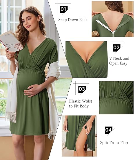 Ekouaer Labor and Delivery Gown for Hospital Short Sleeve Maternity Nursing Dress Nightgown with Button