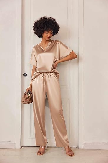 Ekouaer Satin Pajama Set Womens Silk Short Sleeve V Neck Shirt with Long Pant Soft Loungewear Pjs Set