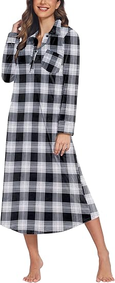 Ekouaer Women Flannel Nightgown Full Length Boyfriend Nightshirt Plaid Long Sleep Dress with Button Loungewear