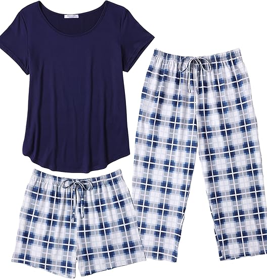 Ekouaer 3 PCS Capri Pajamas for Women Set Short Sleeve Pajama Sets Floral Pj Sets Soft Sleepwear with Pockets