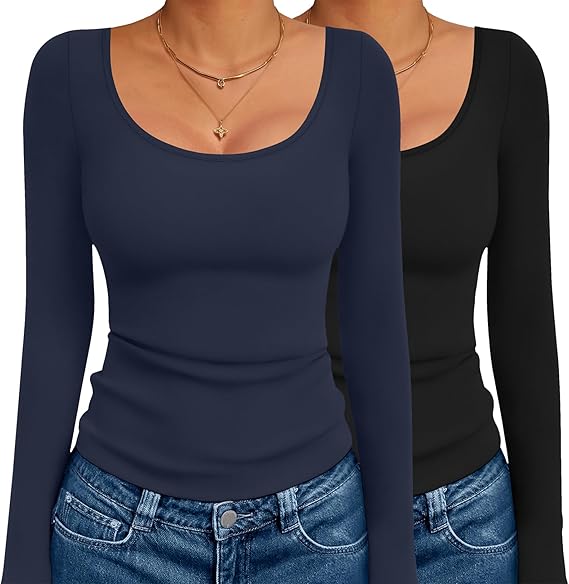 Ekouaer 2 Pack Long Sleeve Shirts for Womens Scoop Neck Tops Slim Fit Undershirts Basic Thermal Tee Shirt