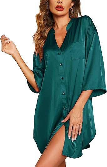 Ekouaer Satin Nightgowns for Women Silk Sleepwear Button Down Sleepshirt 3/4 Sleeve V-Neck Nightshirts with Pockets