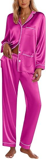 Ekouaer Silk Pajamas for Women Classic Button Down Satin Pajama Sets Long Sleeve Lounge Set