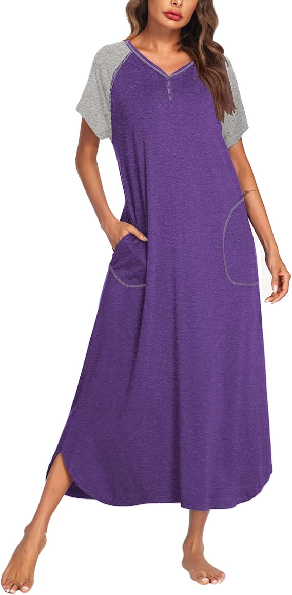 Ekouaer Long Nightgown Women's Loungewear Short Sleeve Sleepwear Full Length Sleep Shirt with Pockets