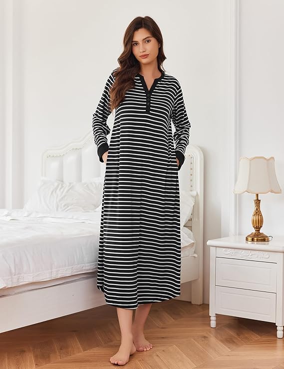 Ekouaer Womens Nightgown Long Loungewear V Neck Nightshirt Sleepwear Full Length Sleepshirt with Pockets