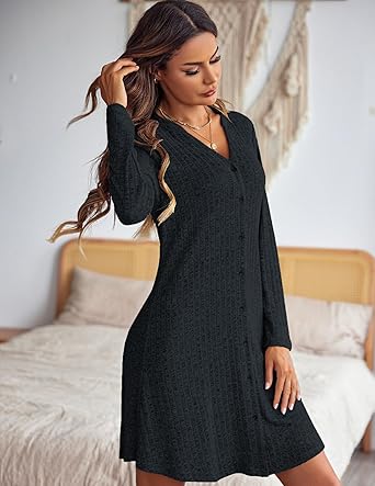 Ekouaer Nightgowns for Women Button Down Night Shirt Long Sleeve Ribbed Knit V-Neck Sleepwear Pajama Dress