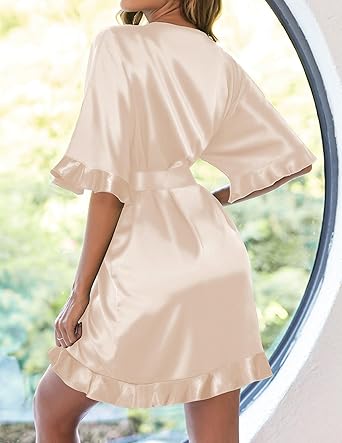 Ekouaer Womens Silk Ruffle Robe Short Satin Robe Half Sleeve Bathrobe Bridesmaid Wedding Party Dressing Gown