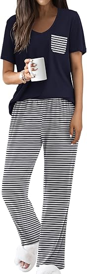Ekouaer Pajama Sets for Women 2 Piece Short Sleeve Pj Sets With Long Printed Pants Sleepwear Casual Lounge Sets