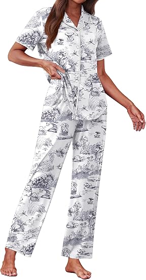 Ekouaer Women's Pajama Sets Button Down Loungewear Short Sleeve Sleepwear 2 Piece Pants Pjs Set with Pockets