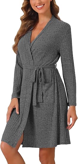 Ekouaer Women Robe Ribbed Knit Soft Bathrobe Knee Length Robes Stretchy Short Sleepwear with Pockets