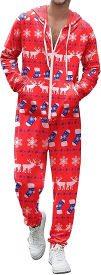 Ekouaer Christmas Onesie for Couples Zipper Hooded Adult Matching Onesie Pajamas with Pockets