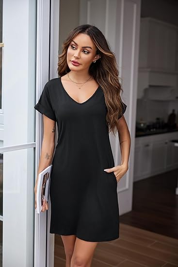 Ekouaer Womens 2 Pack Nightgown V Neck Sleepshirt Short Sleeve Nightshirt Soft Sleep Dress with Pockets