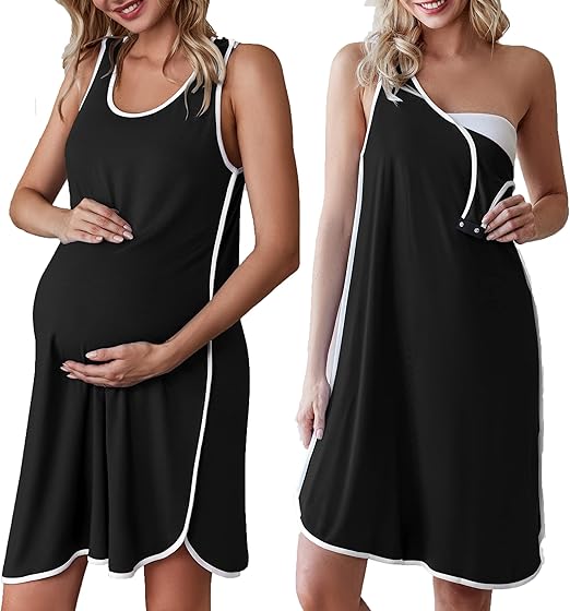 Ekouaer Labor and Delivery Gown for Hospital 3 in 1 Nursing Dress Sleeveless Maternity Snap Button Breastfeeding Nightgown