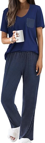 Ekouaer Pajama Sets for Women 2 Piece Short Sleeve Pj Sets With Long Printed Pants Sleepwear Casual Lounge Sets