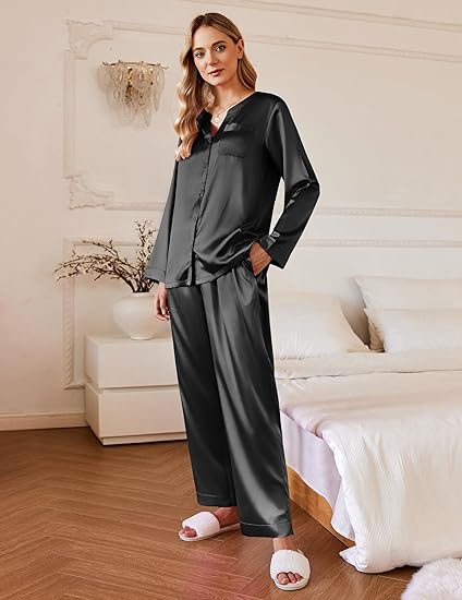Ekouaer Silk Pajamas For Women 2 Piece Set Satin Pjs Long Sleeve Button Up Sleepwear Comfy Lounge sets