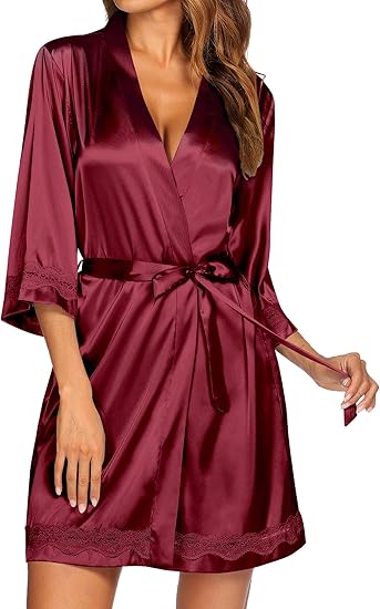Ekouaer Women's Lace-Trim Silk Robes Bride Bridesmaid Satin Bathrobe V Neck Sleepwear with 3/4 Sleeve