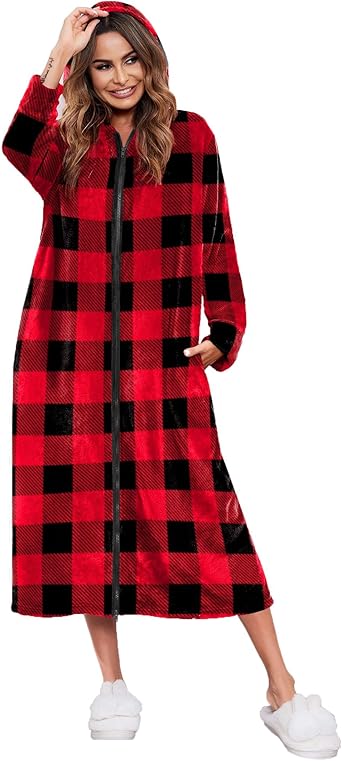 Ekouaer Fleece Robes for Women Hooded Plush Zipper Front Long Bathrobe Warm House Robe Sleepwear with Pockets