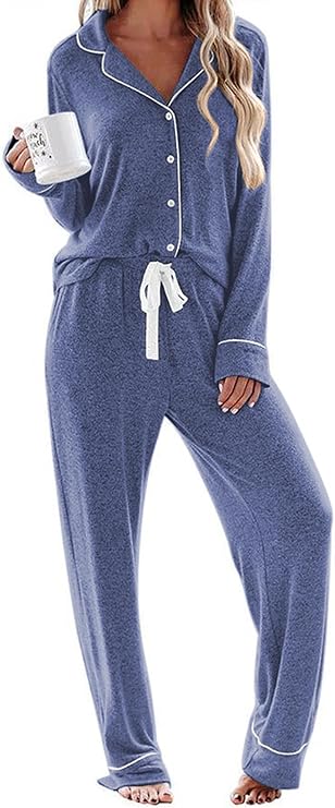 Ekouaer Women's Pajamas Long Sleeve Sleepwear Casual Button Down Loungewear Soft Pjs Set