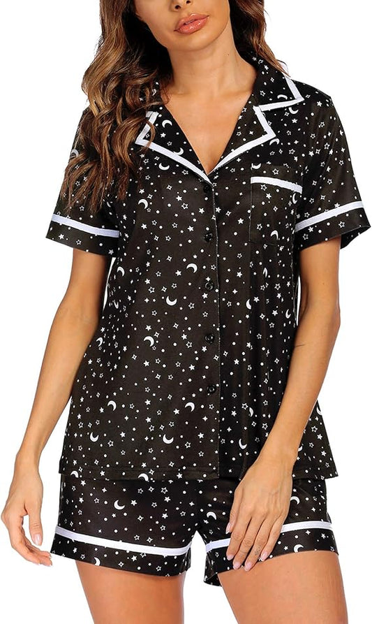 Ekouaer Women's Pajama Sets 2 Piece Short Sleeve Button Down Tops and Pants Pj Set V Neck Sleepwear Loungewear Chest Pocket