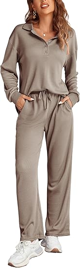 Ekouaer Womens 2 Piece Matching Lounge Sets Fall Outfits 2025 Sweatsuit Waffle Knit Pajamas Sets Long Sleeve Sweater Clothes