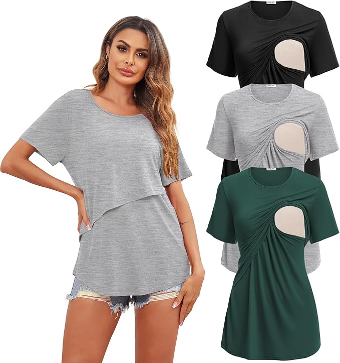 Ekouaer Women's Maternity Shirts Short Sleeves Nursing Tops 3 Pack Double Laye Breastfeeding Tees Pregnancy Clothes