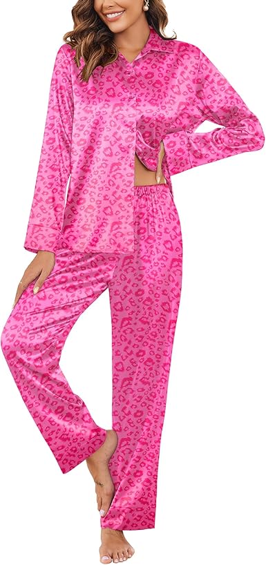 Ekouaer Classic Satin Pajamas for Women Long Sleeve Button Down Sleepwear Soft Silk Loungewear Pjs Set