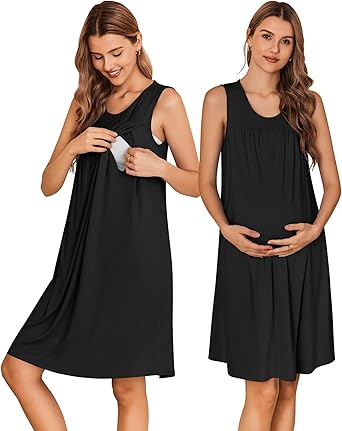 Ekouaer Maternity Nursing Dress Nightgown Labor and Delivery Gown Sleeveless Pregnancy Breastfeeding Dresses