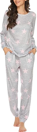 Ekouaer Womens Jogger Pajama Sets Long Sleeve Sleepwear Round Neck Nightwear Soft Pjs Lounge Sets with Pockets