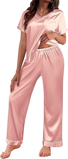 Ekouaer Satin Pajamas for Women Short Sleeve Silk Pajama Sets Soft Sleepwear Top with Causal Long Pj Pant